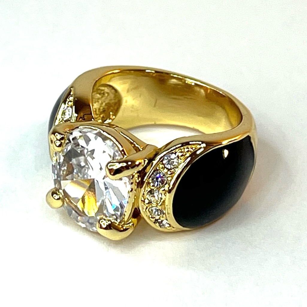 New! Camille Lucie Black Enamel & Gold Plated Cubic Zirconia Statement Ring